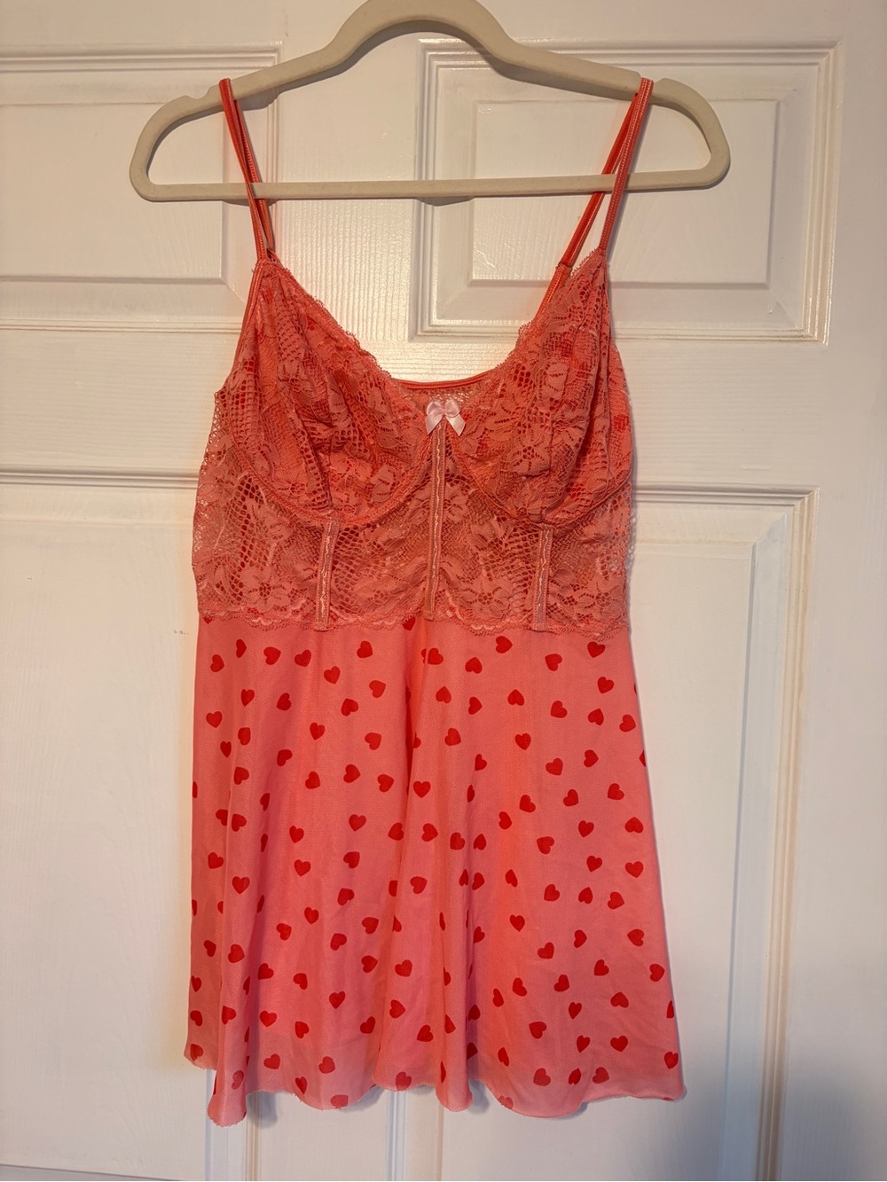 Lace-Trim Heart Print Chemise - Coral Pink